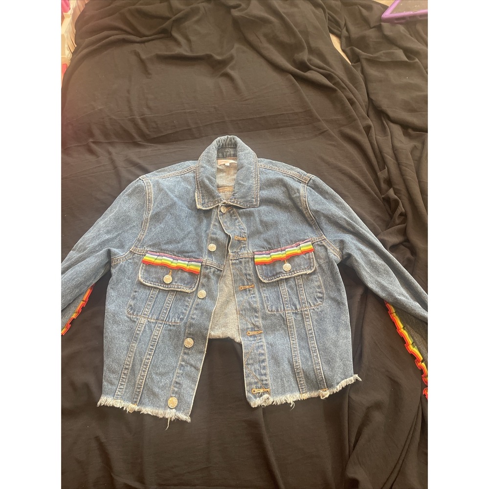 Sunset + Spring Rainbow Trim Denim Jacket